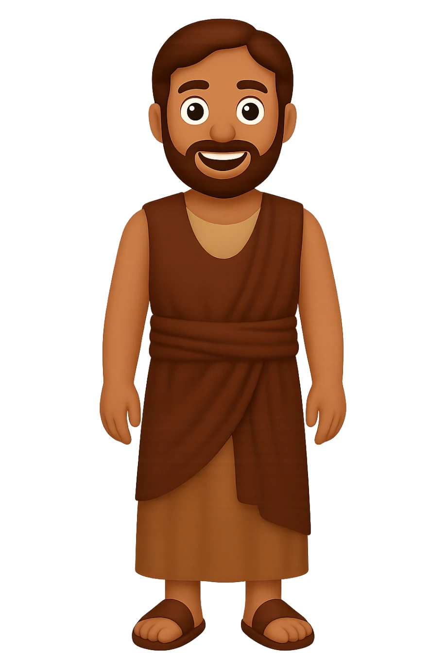 Create a centered full body image of Apostle Peter facing straight, wearing a sleeveless shirt and plain robes in classic emoji style. Use a brown clothes color palette with beige details in reverse color palette. He should have a detailed beard and be smiling with no background. The style should mimic classic emoji style with no background. sticker