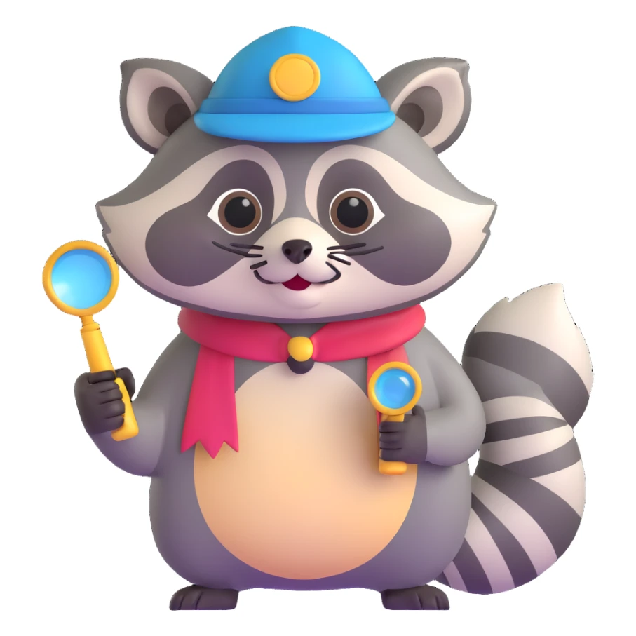 Raccoon detective with hat and magnifying glass sticker