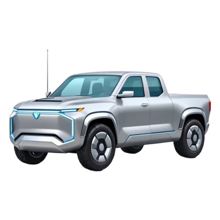 A futuristic electric pickup truck emoji, silver chrome body, angular cyber design, smooth metallic panels, subtle reflections, minimalistic proportions, iOS emoji style, centered composition, clean white background, soft lighting sticker