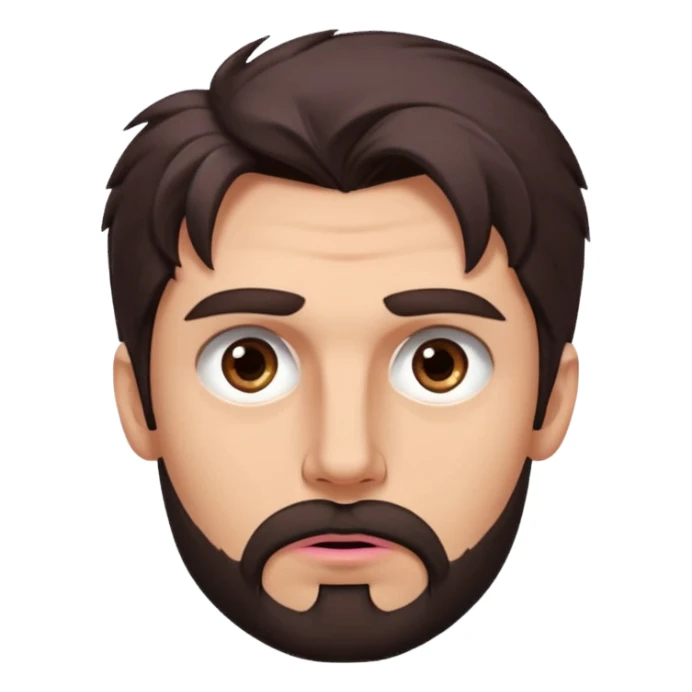 Handsome white man with big brown eyes thin pink lips long nose and dark brown messy hair cover his forhead eyes like a mad chin beard sticker