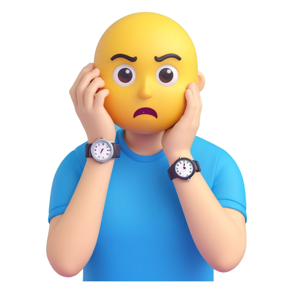 A yellow emoji face with a worried expression, looking at a wristwatch with raised eyebrows, showing urgency and stress sticker
