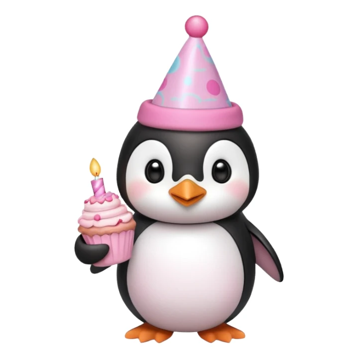 cute penguin  hold a pink birthday cake in both arms with pink birthday hat sticker