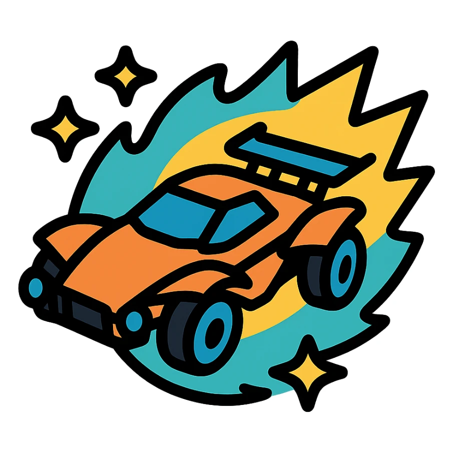 Super Sonic Legend inspired by Rocket League, futuristic car breaking sound barrier, surrounded by stars and glowing aura, bold graphic style sticker