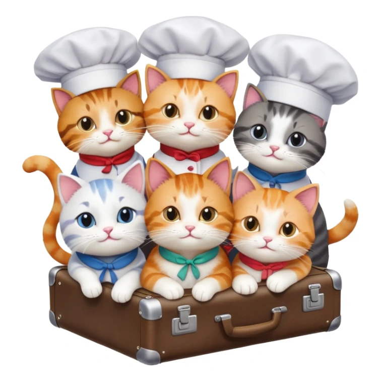 six cats, four wearing chef hats, two wearing aprons, hugging a cat with a suitcase, top-down view sticker