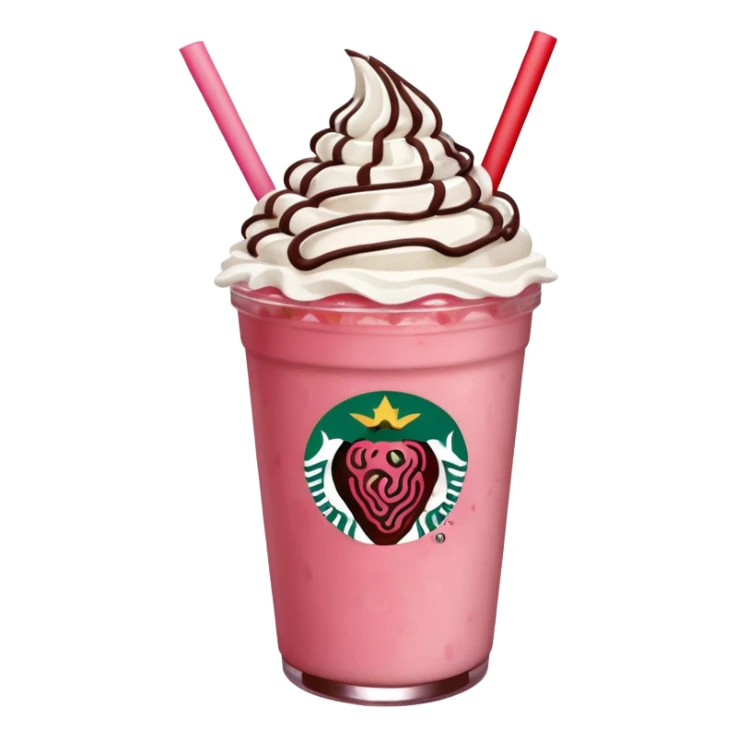 Strawberry Starbucks frappe with red strawberry jam at the bottom with whipped cream and chocolate drizzle sticker