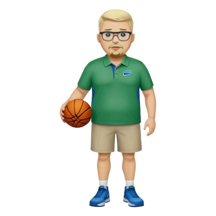 Full Body white male plus size wearing glasses with a goatee with light blonde and gray very short hair mad basketball head Coach in blue and green wearing Nike polo sticker