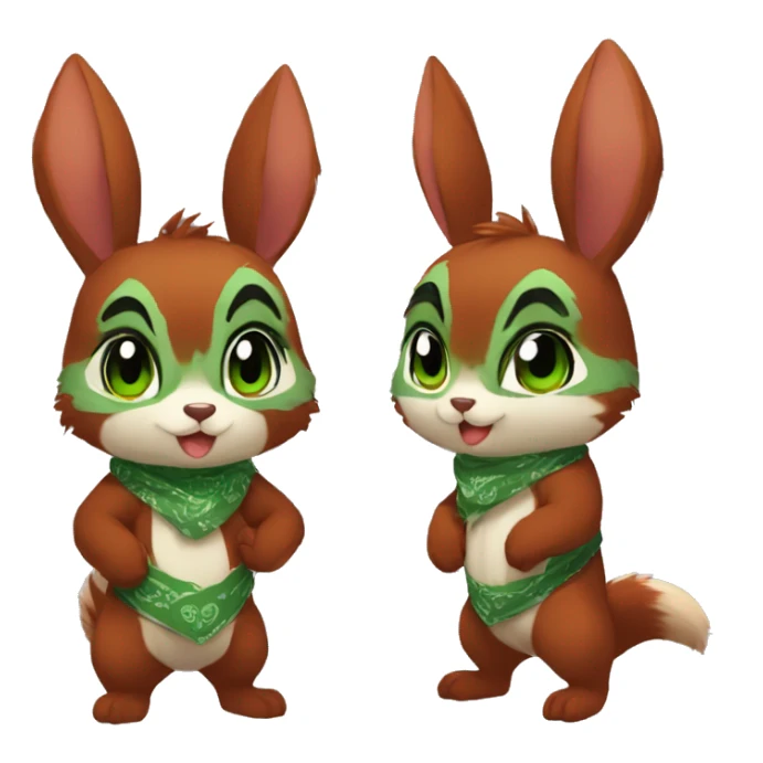 Cute, Chibi, chubby, fluffy, Kemono-style, Anthro, Fur-Sona, Dark-Red, Squirrel-Rabbit-hybrid-Fakémon, with a green bandana, full body sticker
