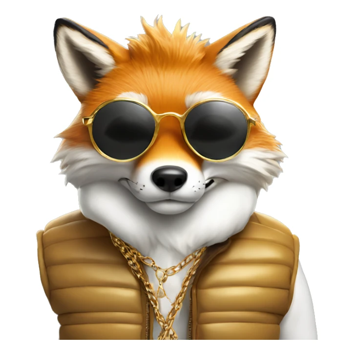 fox wearing a white puffer vest and sun glasses and a gold chain sticker