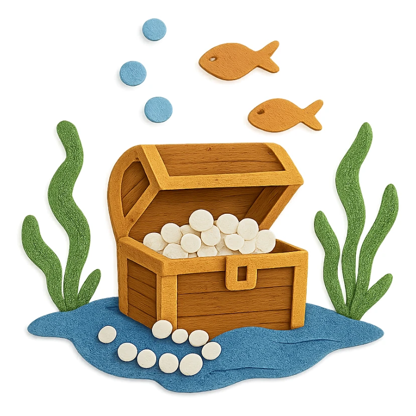 treasure chest underwater with pearls, seaweed, and fish, layered paper effect, paper-craft style sticker