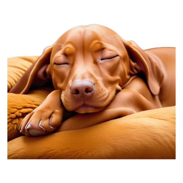 Meme-Worthy Cute Sleeping Vizsla Portrait Emoji, Head resting peacefully with a contented smile, showcasing a sleek, athletic build and a luxuriously soft rust and gold Fur, eyes shut in a serene nap, Simplified yet hilariously adorable features, highly detailed, glowing with a soft, drowsy light, high shine, relaxed and utterly lovable, stylized with an air of playful laziness, bright and heartwarming, soft glowing outline, capturing the essence of a comically sleepy companion, so meme-worthy it feels like it could instantly become the next viral sensation of adorable slumber! sticker