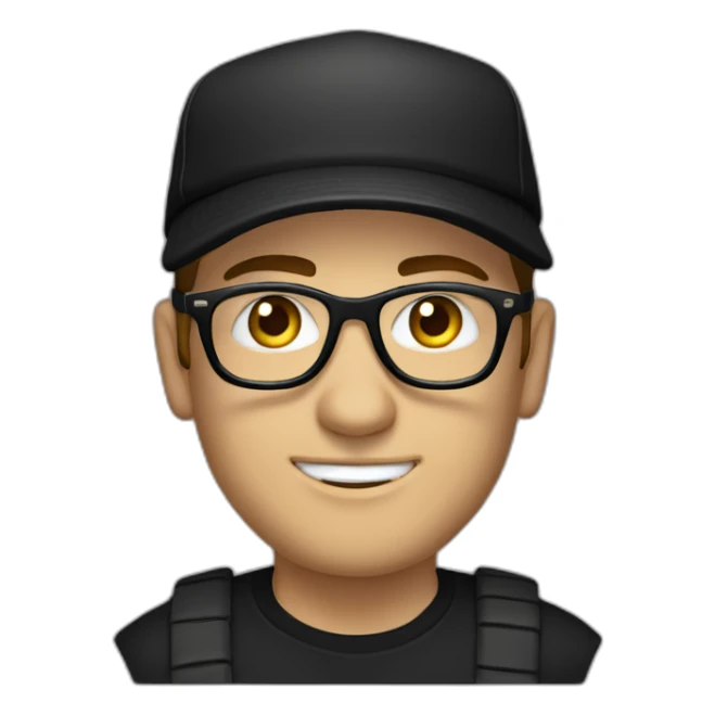 Caucasian man, with a black cap, glasses, and black t-shirt with a drum sticker