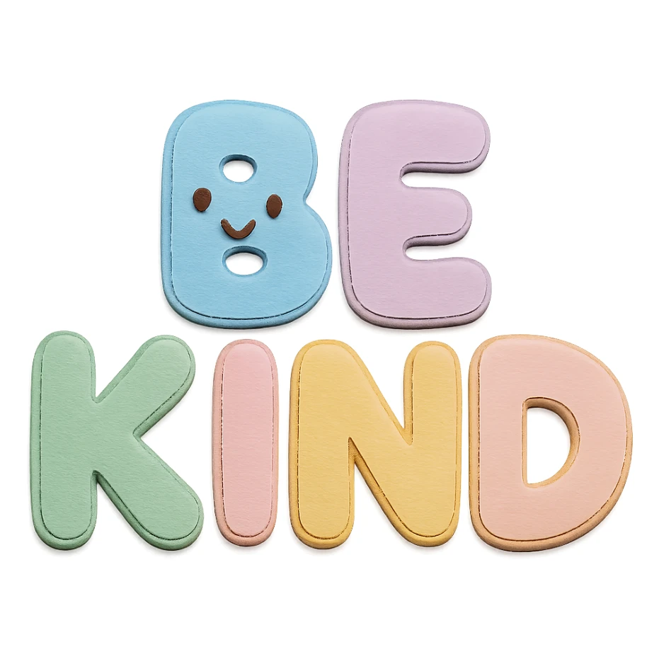 Soft pastel rainbow puffy bubble letters for "Be Kind", kawaii cute style, transparent background, no frame sticker