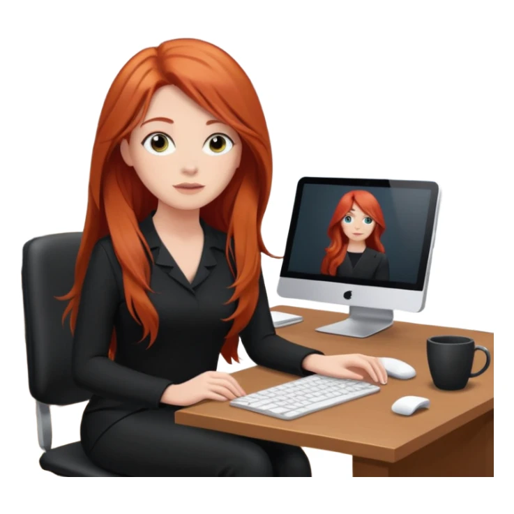 Video call therapy session: red-haired therapist with long hair wearing black minimalist clothing, seated in a professional home office, looking at the webcam; calm, modern teletherapy setting sticker