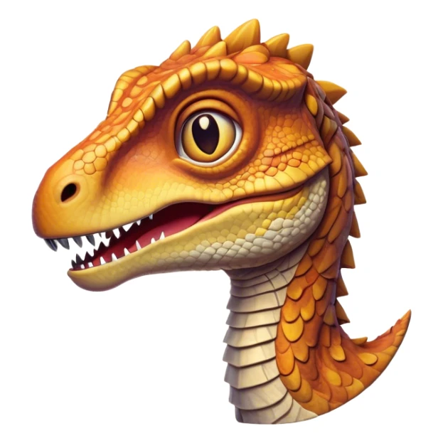 Cinematic Realistic Cute velociraptor/T-rex Portrait Emoji, Head tilted playfully and inquisitively, featuring a compact, slightly rounded build with intricately detailed, textured scales in natural hues and a surprisingly endearing face with bright, curious eyes, rendered with lifelike clarity and warm natural light, high shine, affectionate and quirky, styled with a touch of prehistoric whimsy, soft glowing outline, capturing the essence of a mischievous yet lovable velociraptor/T-rex that seems poised to stomp playfully into your arms! sticker