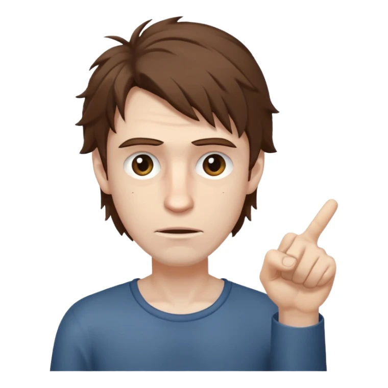 Weak man with disheveled hair pointing to his right sticker