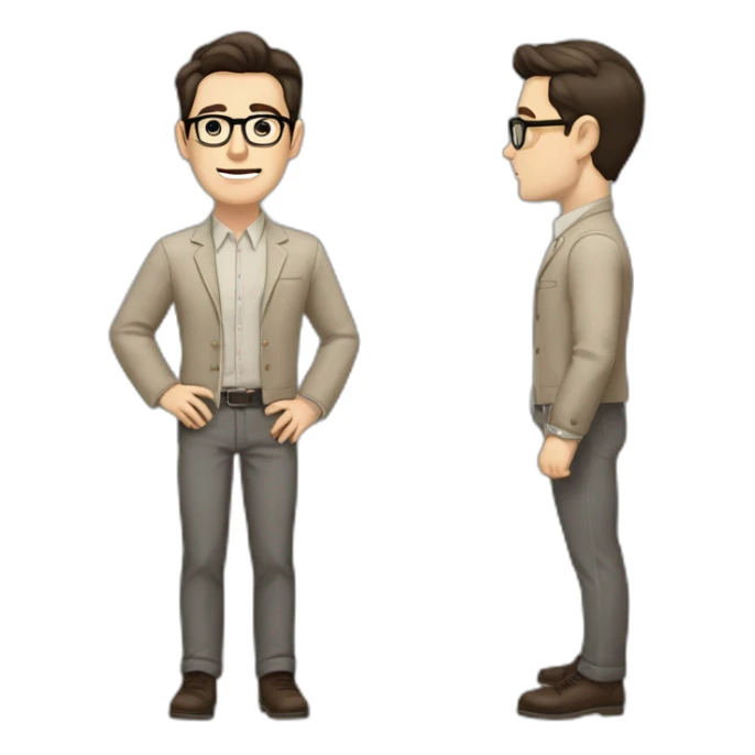 Full height Pale skinned Fit Man With dark brown hair in gray classic jacket, beige office shirt, Brown pants and vintage glasses. Thrumbs of his palms upwards sticker