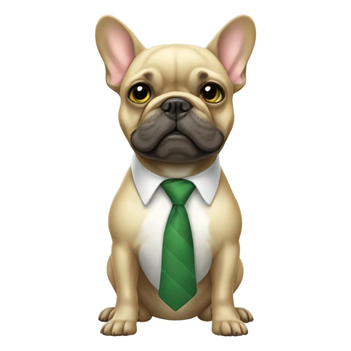 Green French bulldog with a tie sticker