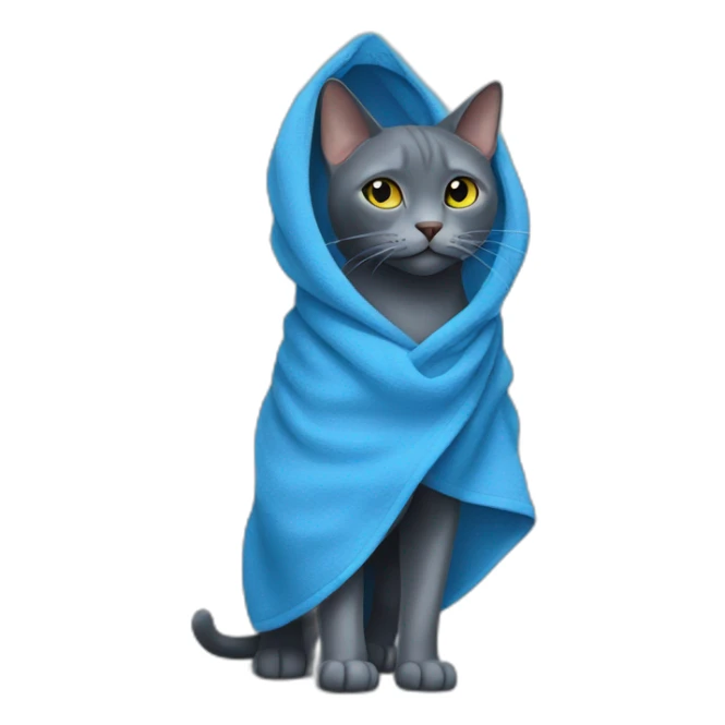 darker russian blue cat walks with blue towel on his mouth sticker