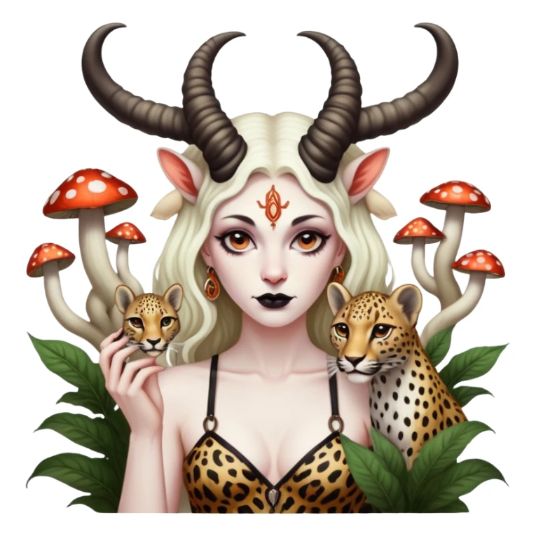 Feminine Baphomet standing among trippy mushrooms.. she’s petting a leopard  sticker