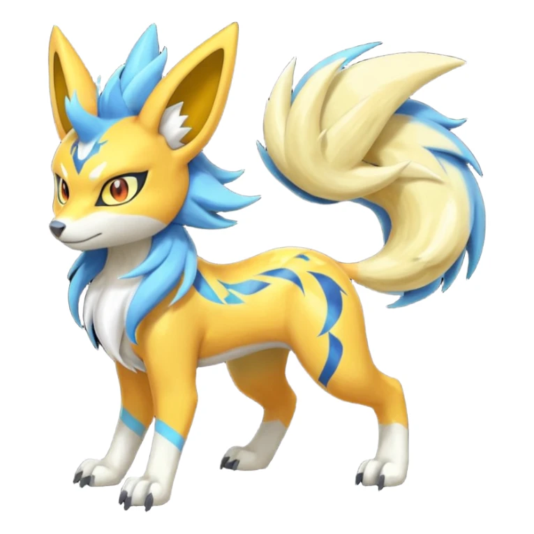 Feral Lightning-patterned Zig-zagged buzzy fuzzy Meloetta-Renamon-Zeraora-Luxray-Cobalion-Suicune-Vernid-fusion-hybrid-creature, full body  sticker