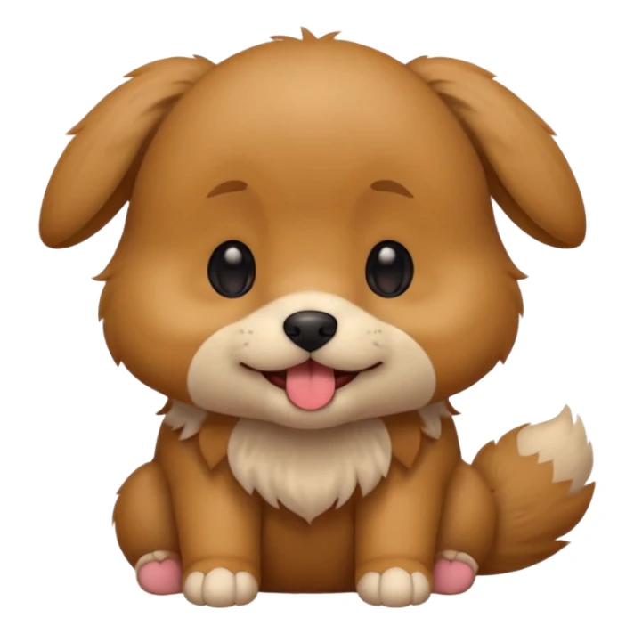 Cute small brown fluffy dog emoji icon. Round face, short muzzle, light brown fur with slightly darker ears, small black nose, happy smiling expression with tongue out. Soft friendly eyes, sitting pose with front paws together. Simple clean vector style, minimal details, kawaii style. sticker
