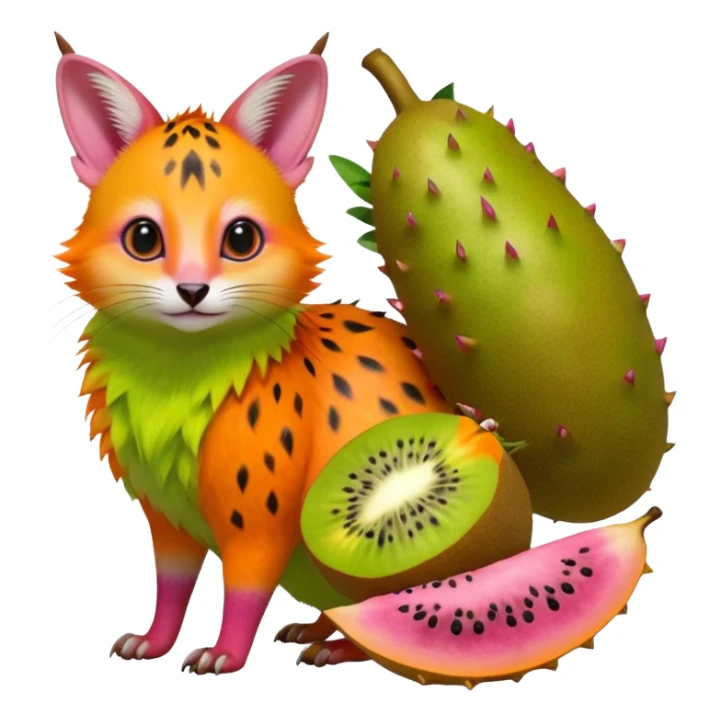 Hyper realistic  tropical-fruit-splash-colored fur of kiwi-green-lime-green-gradients, papaya-orange, and dragonfruit-pink chaos beautiful elegant pretty precious cute  Fakémon-Pokémon-opossum-feline-serval-caracal-chinchilla-Furret-Minccino-hybrid-creature with a big fluffy bushy tail (full body) sticker