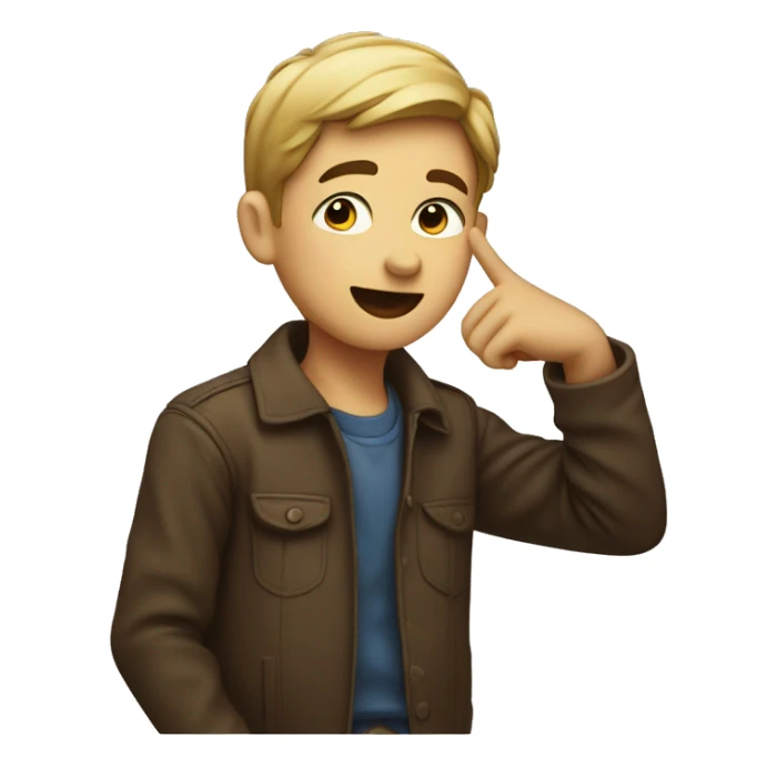 Boy gesturing to listen to him by pointing at his ear sticker