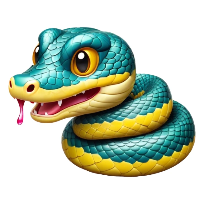 Cinematic Comical Chinese Water Snake Portrait Emoji, Head tilted dramatically with an exaggeratedly amused expression, featuring a striking, glossy scaled body with bold patterns and wide, expressive eyes filled with playful disbelief, Simplified yet hilariously expressive features, highly detailed, glowing with a slightly sassy aquatic glow, high shine, dramatic yet playful, stylized with an air of cheeky water mischief, soft glowing outline, capturing the essence of a spirited and over-the-top water snake that feels like it could slither its way into internet fame instantly! sticker