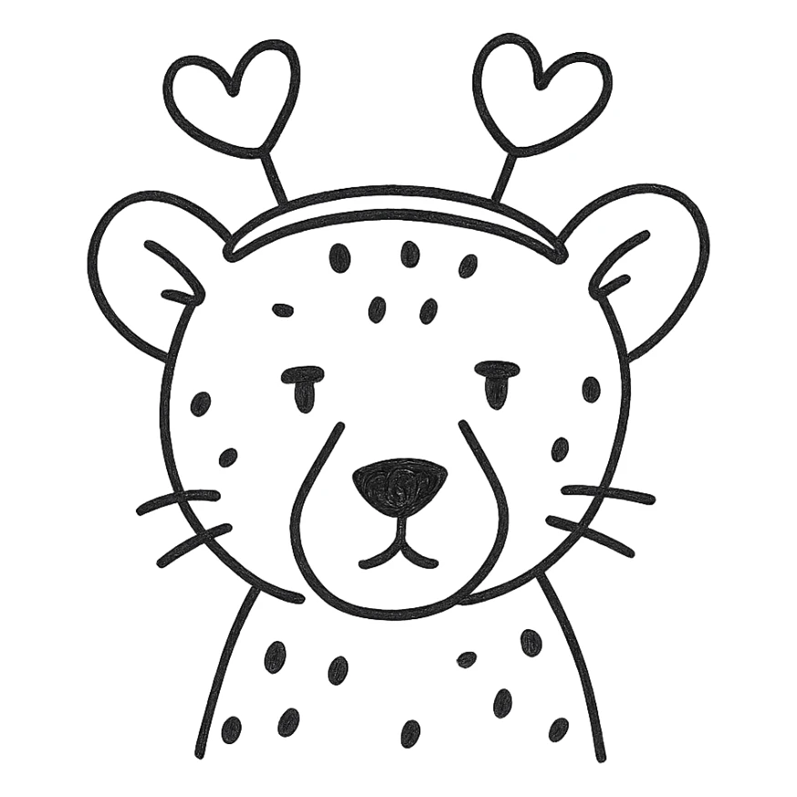 cheetah with heart headband, hand-drawn outlined icon sticker
