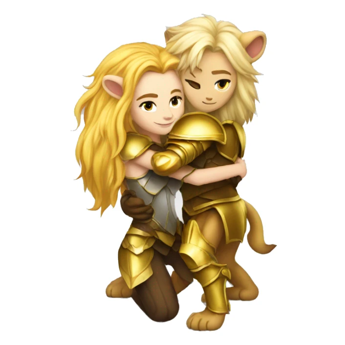 A lion leonin with golden armor hugging a female blonde elf  sticker