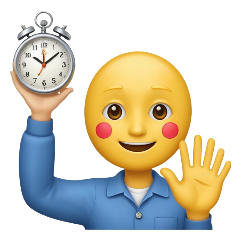 classic emoji style, yellow face holding up a hand as if pausing, with a small clock or coffee cup to indicate a short break, cheerful and friendly expression, no text sticker