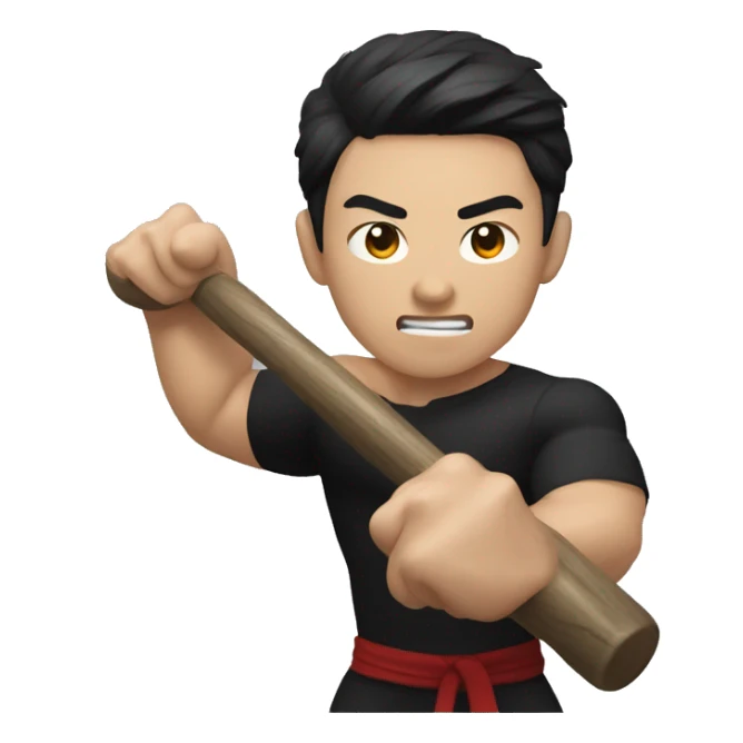 Use a muscular Korean man with a tight black shirt, hitting a gong sticker