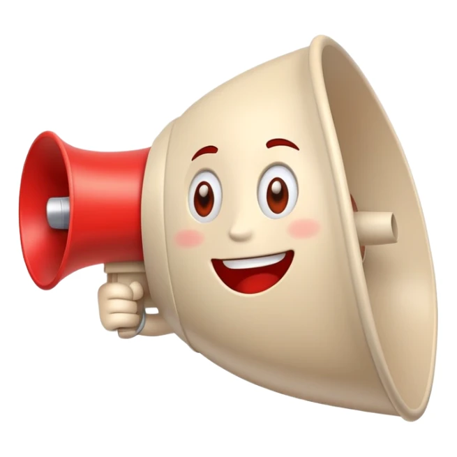 beige and red megaphone with a friendly smiling face sticker