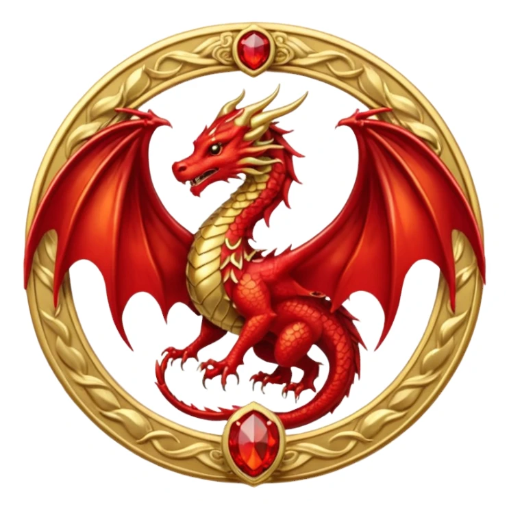 Golden Dragon with wings crest/brosch in a circle with red gems sticker