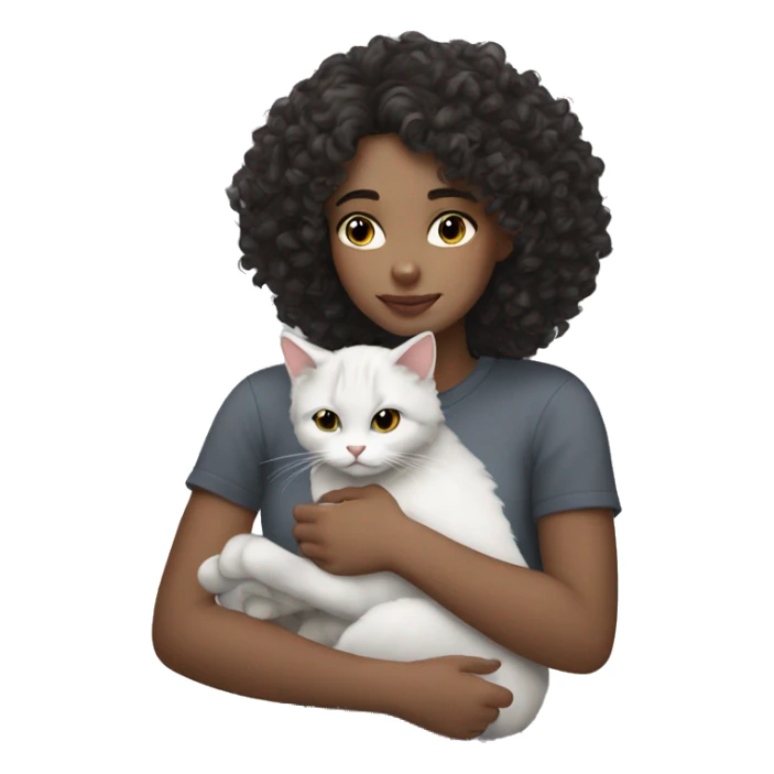 White Girl dark curly hair cuddling with grey cat sticker