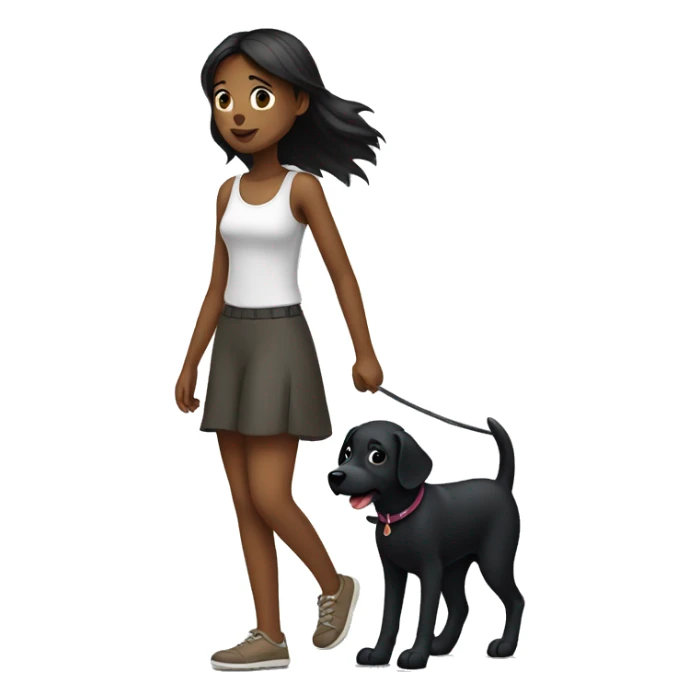 Girl walk with a black dog with white Chest sticker