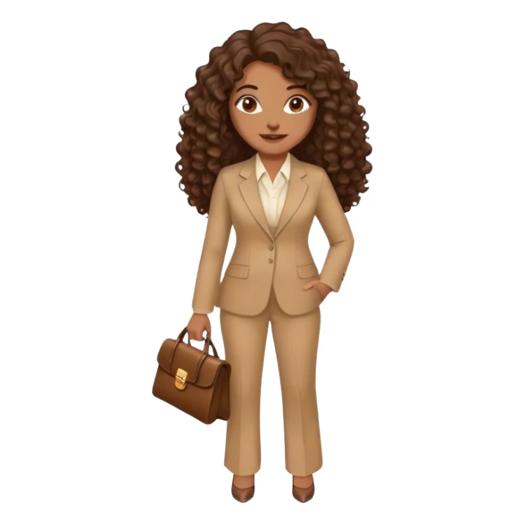 dark brown smiling woman with medium brown long curly hair with middle part and an executive tan pant suit  sticker