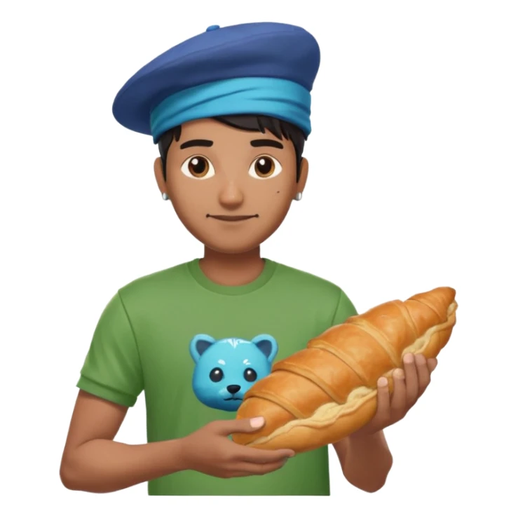 a man with green fortnite tshirt indian he has a cool hat and has a crousant with blou flesh sticker