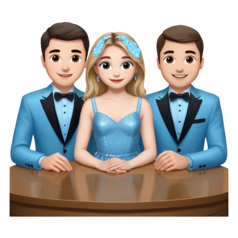 Sabrina carpenter in a light blue sparkly dress at a table with 3 handsome men, and she is standing up reaching over  sticker