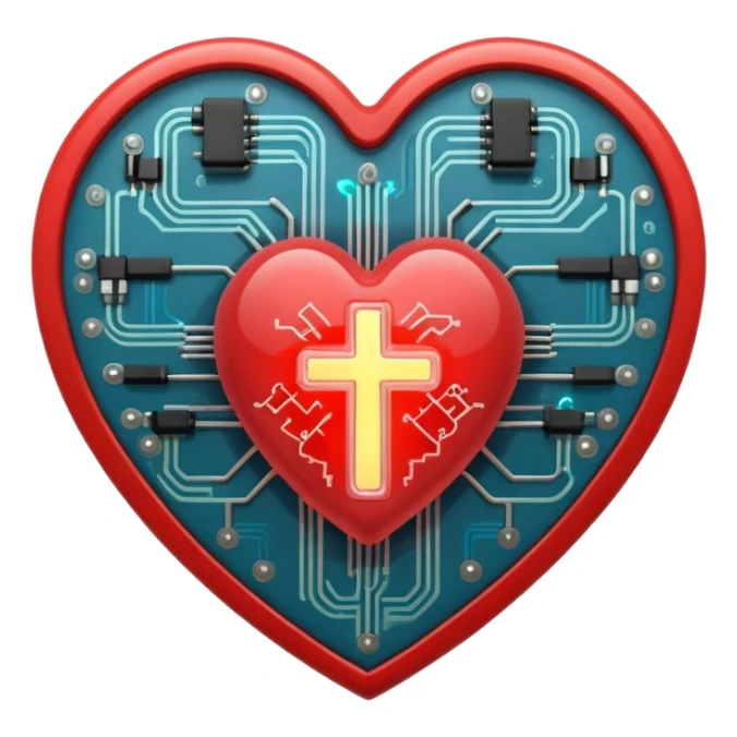 heart with circuit patterns and a cross, AI medical predictor sticker