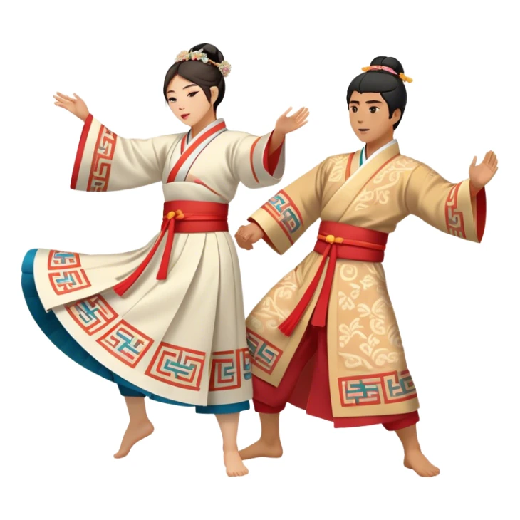 Cinematic Realistic scene of two performers engaging in Ganggangsullae, dressed in traditional Korean costumes with intricate patterns and graceful movements, illuminated by soft, festive lighting that accentuates the cultural ambiance sticker