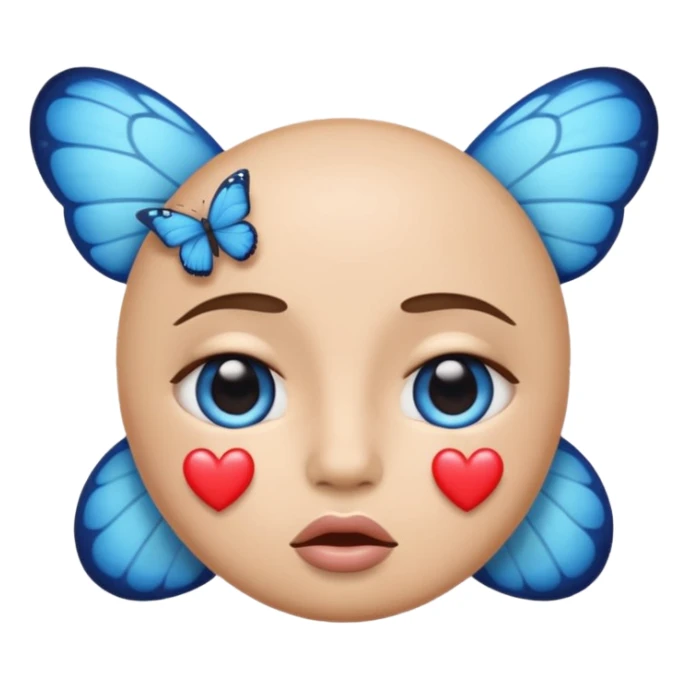 An emoji with large, pleading eyes, a pouting expression, making a peace sign gesture, with a blue butterfly above its head and small blue hearts near its temples sticker