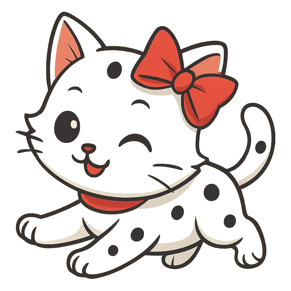 Make the kitty in a playful pose, keep it small, white with small black spots and a red bow, with no background. The style should be suitable for a small, cute cat illustration with no background. sticker