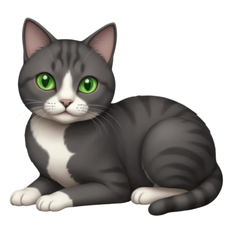 beautiful female solid dark grey cat with green eyes, white toes/paws and white patch on her chest rolling over sticker