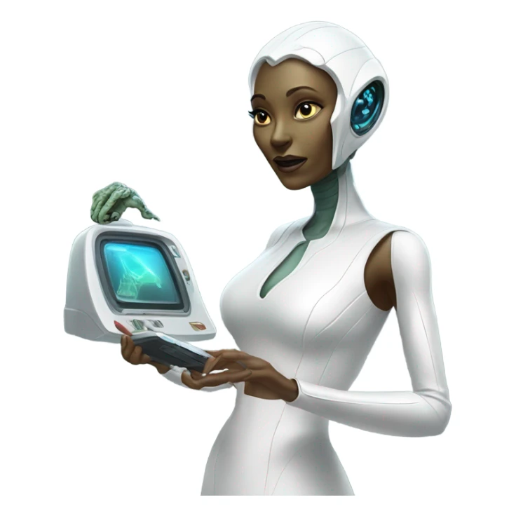  a Reptilian alien woman, in white dress, use a drive console sticker
