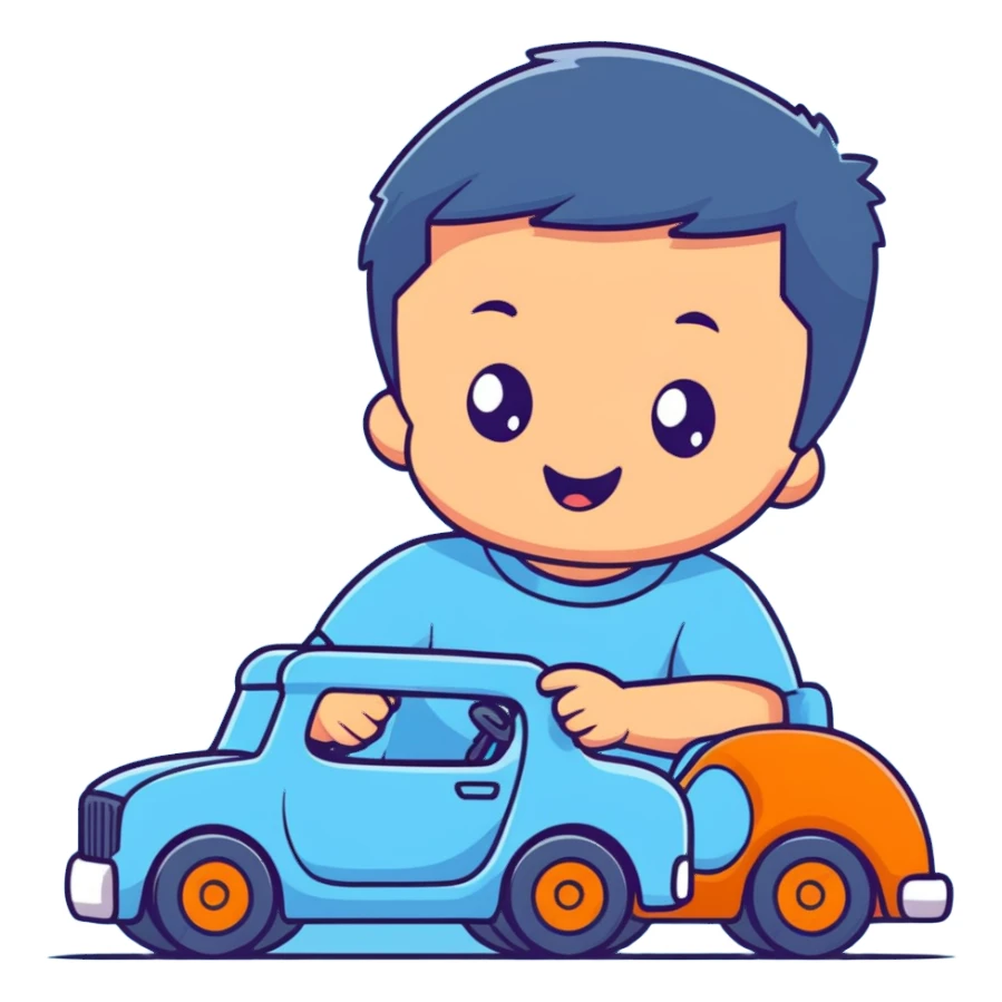 cute toddler boy with pastel blue clothes playing with a blue toy car sticker