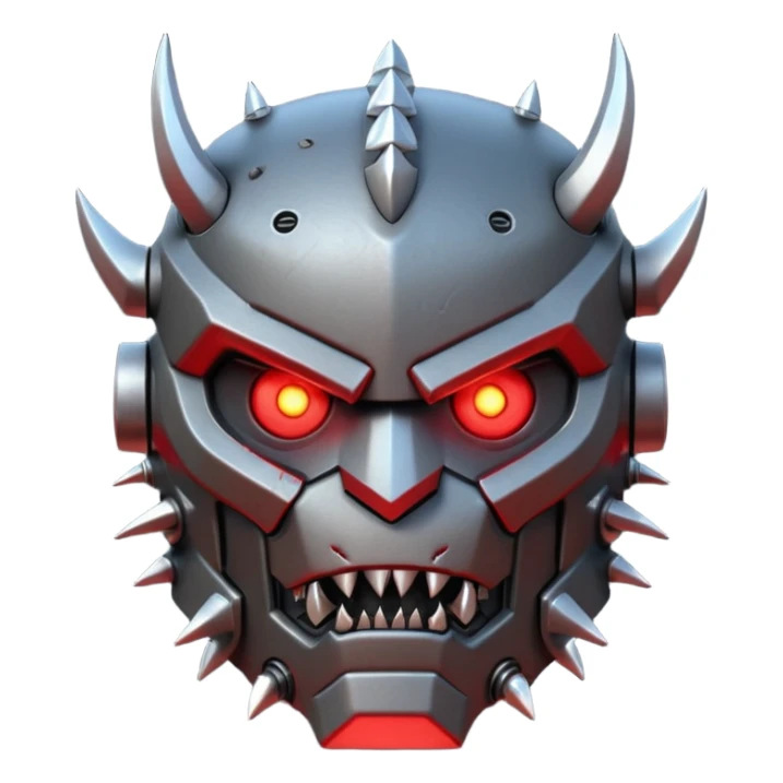 futuristic berserker war robot portrait, head and shoulders only, angry faceplate, jagged mouth grill, glowing eyes, spiked shoulder armor, scratched metal, intimidating look, 3D cartoon, mobile game icon style, clean background, no text, no watermark
 sticker