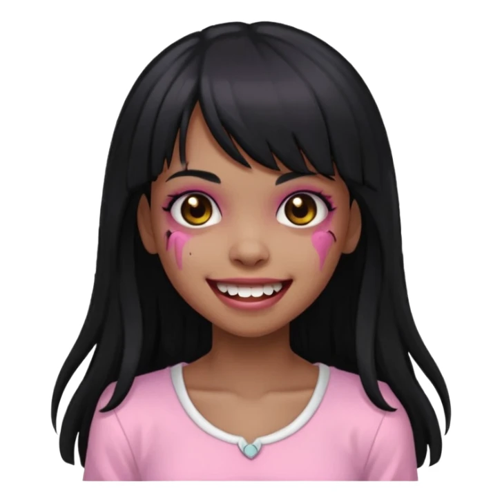 light-skinned Black zombie girl with long black hair and bangs, wearing a light pink blouse, smiling sticker