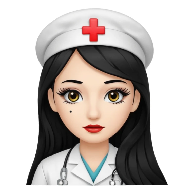 Nurse, long hair,black hair, black eyes, false eyelashes, makeup, eyeliner,  sticker
