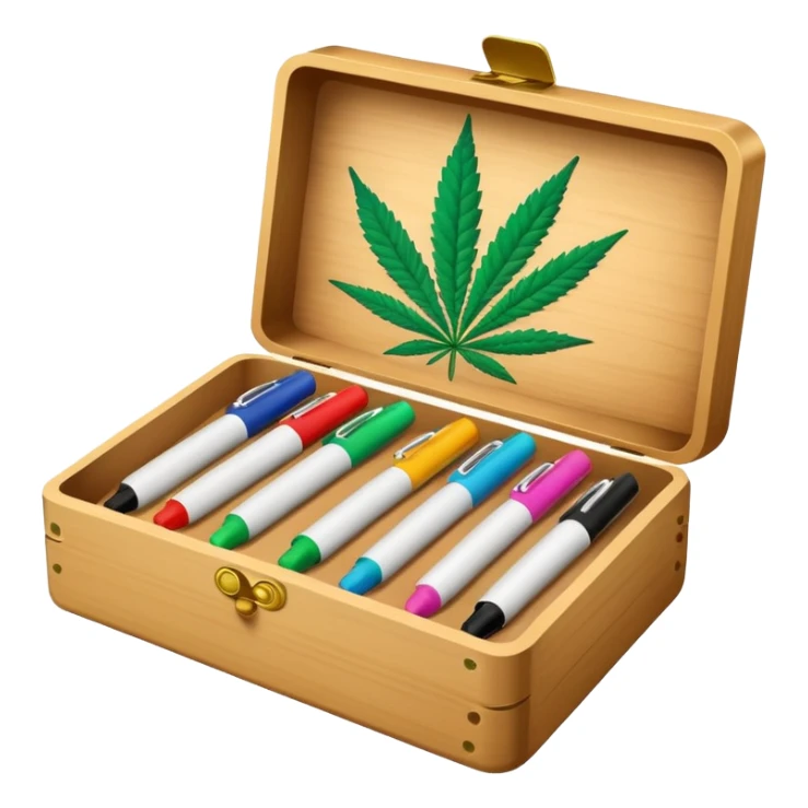 a box of colorful permanent markers with cannabis leaf sticker
